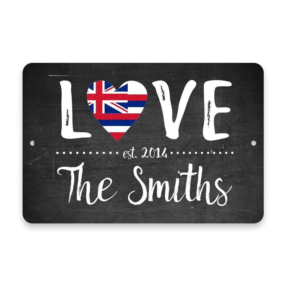 Personalized Chalkboard Hawaii Love State Flag Metal Room Sign with Family Name