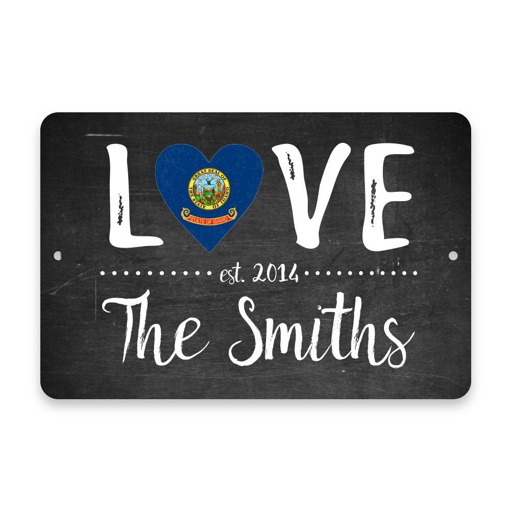 Personalized Chalkboard Idaho Love State Flag Metal Room Sign with Family Name