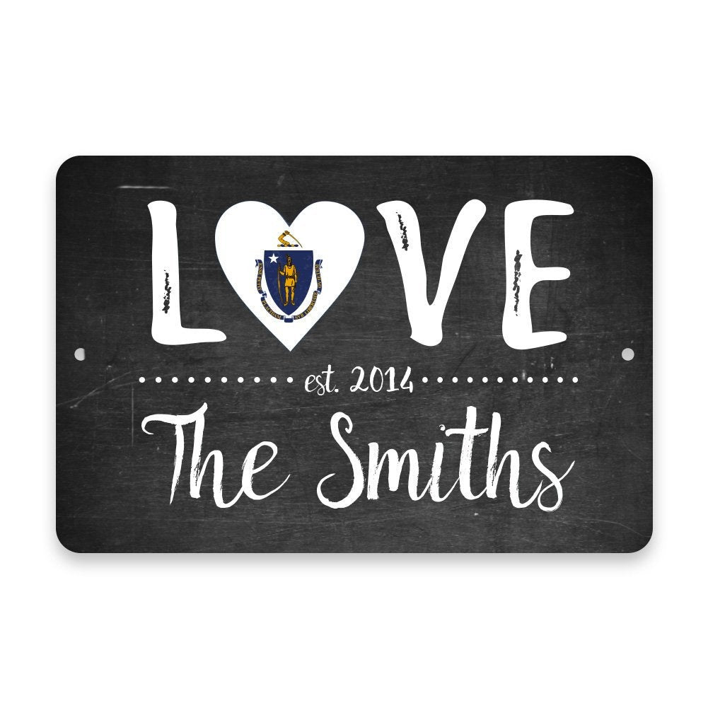 Personalized Chalkboard Massachusetts Love State Flag Metal Room Sign with Family Name