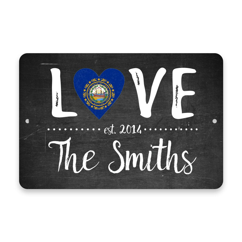 Personalized Chalkboard New Hampshire Love State Flag Metal Room Sign with Family Name
