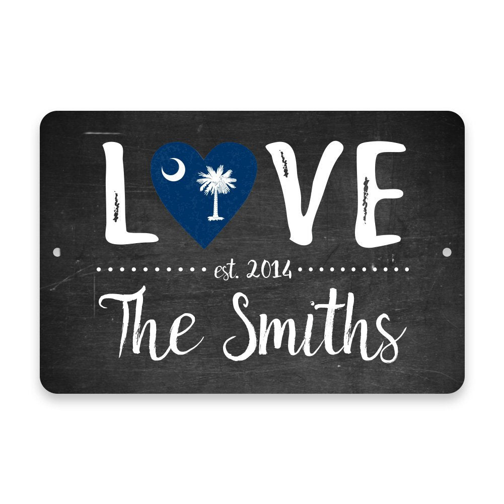 Personalized Chalkboard South Carolina Love State Flag Metal Room Sign with Family Name