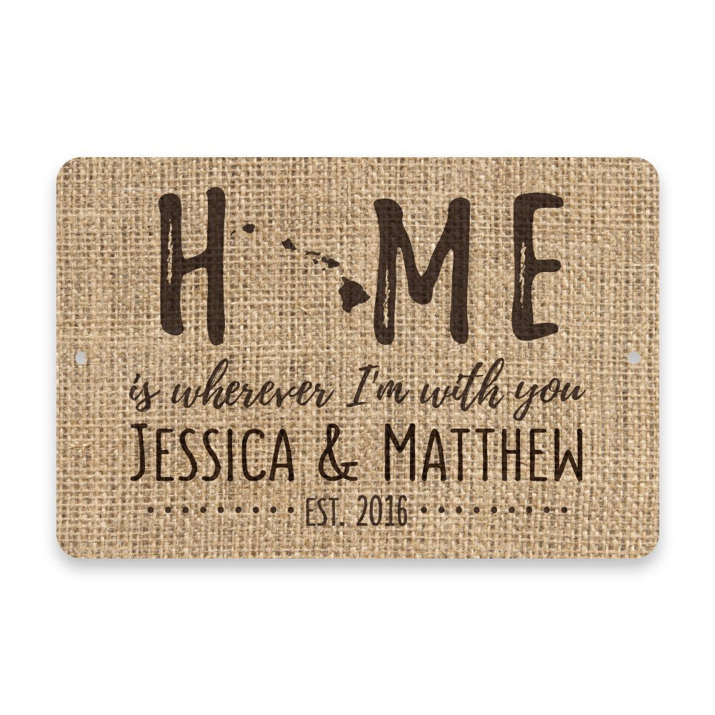 Personalized Burlap Hawaii Home is Wherever I'm with You Metal Room Sign