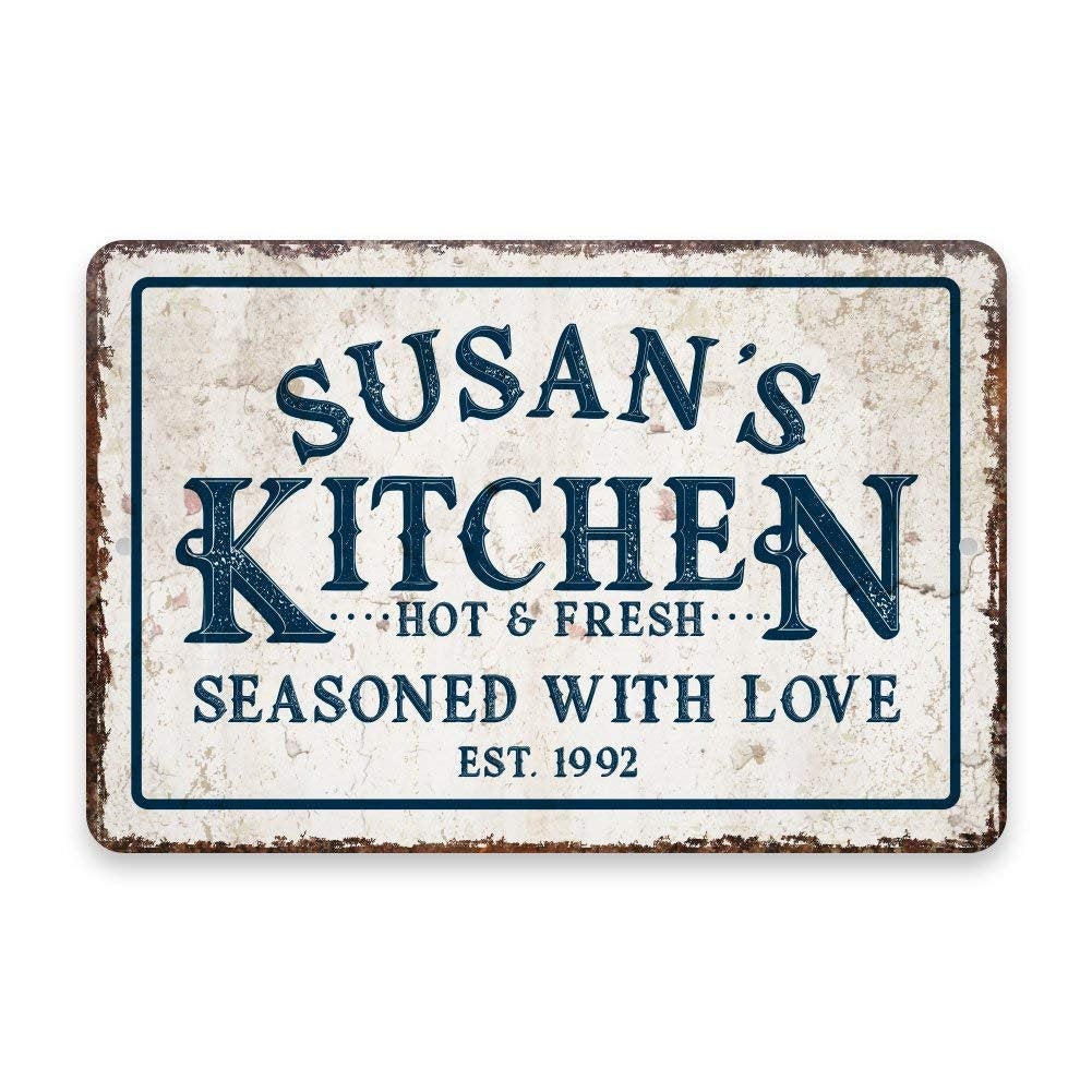 Personalized Vintage Distressed Look Kitchen Seasoned with Love Metal Room Sign