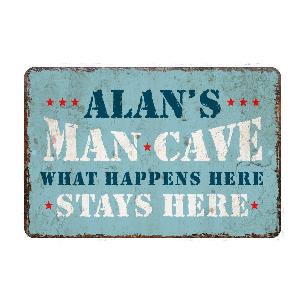 Personalized Vintage Distressed Look Man Cave What Happens Here Stays Here Metal Room Sign
