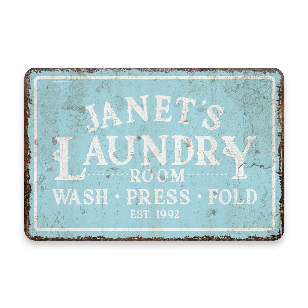 Personalized Vintage Distressed Look Mint Laundry Wash Press Fold Metal Room Sign