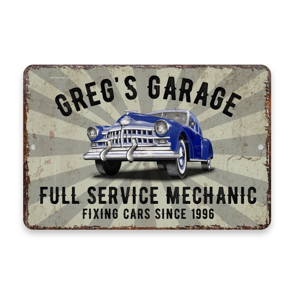 Personalized Vintage Distressed Look Classic Car Mechanic Garage Metal Room Sign