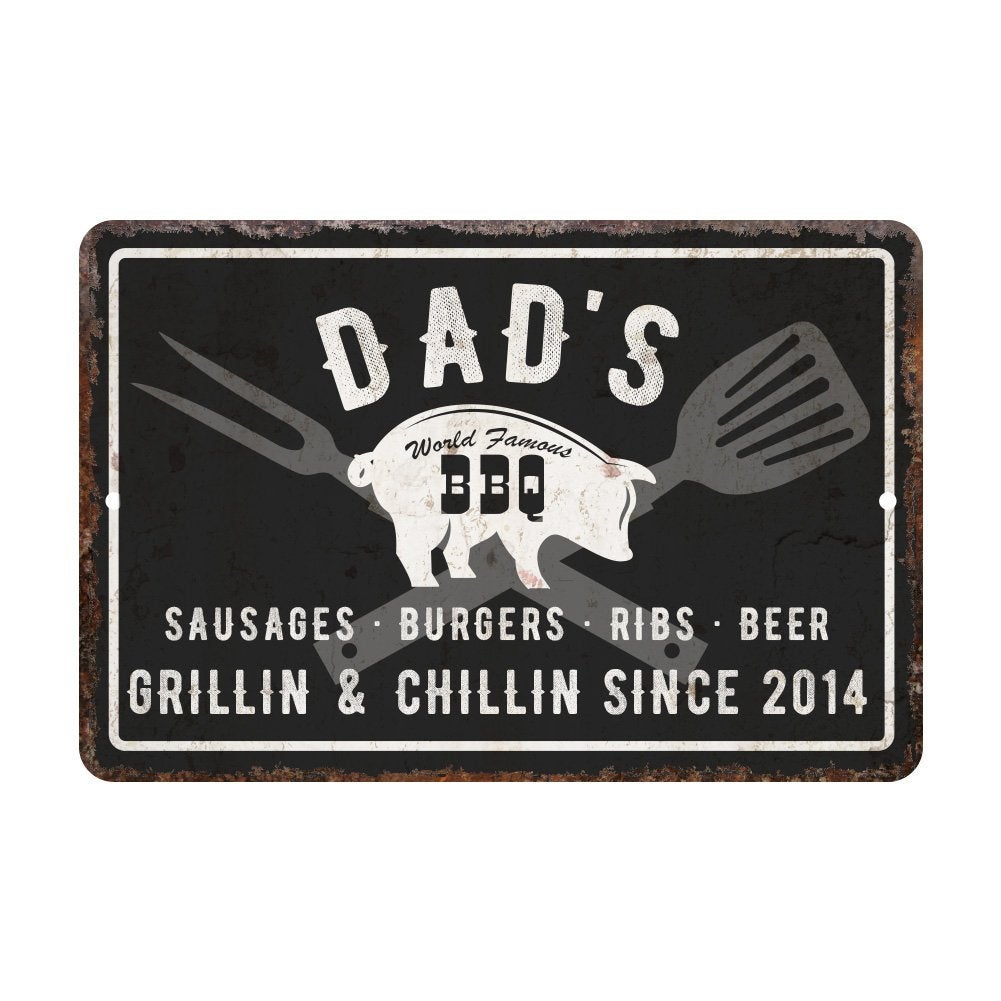 Personalized Vintage Distressed Look Grillin' and Chillin' BBQ Metal Room Sign