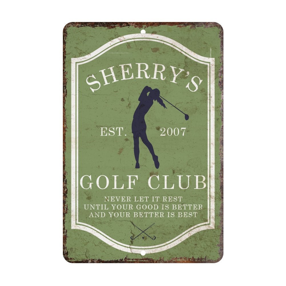 Personalized Vintage Distressed Look Womens Golf Club Metal Room Sign