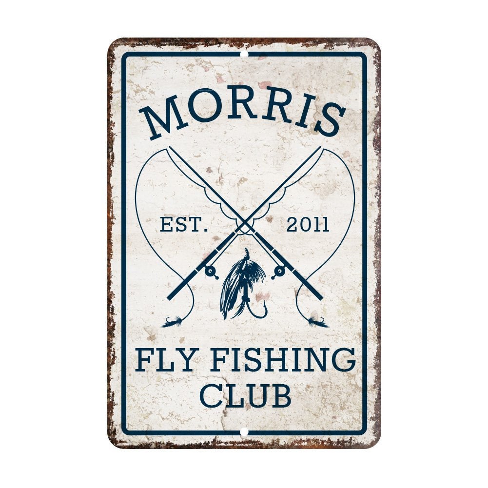 Personalized Vintage Distressed Look Fly Fishing Club Metal Room Sign