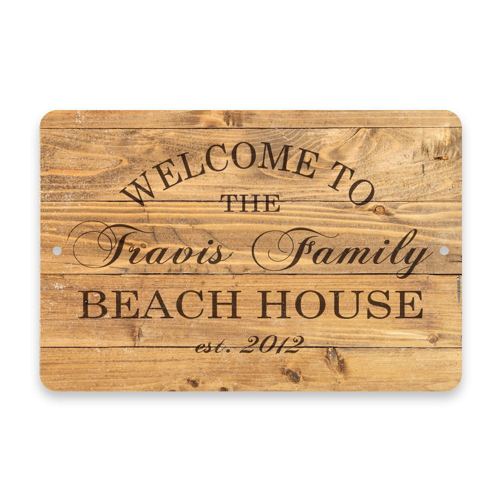 Personalized Rustic Wood Plank Welcome to The Family Beach House Metal Room Sign