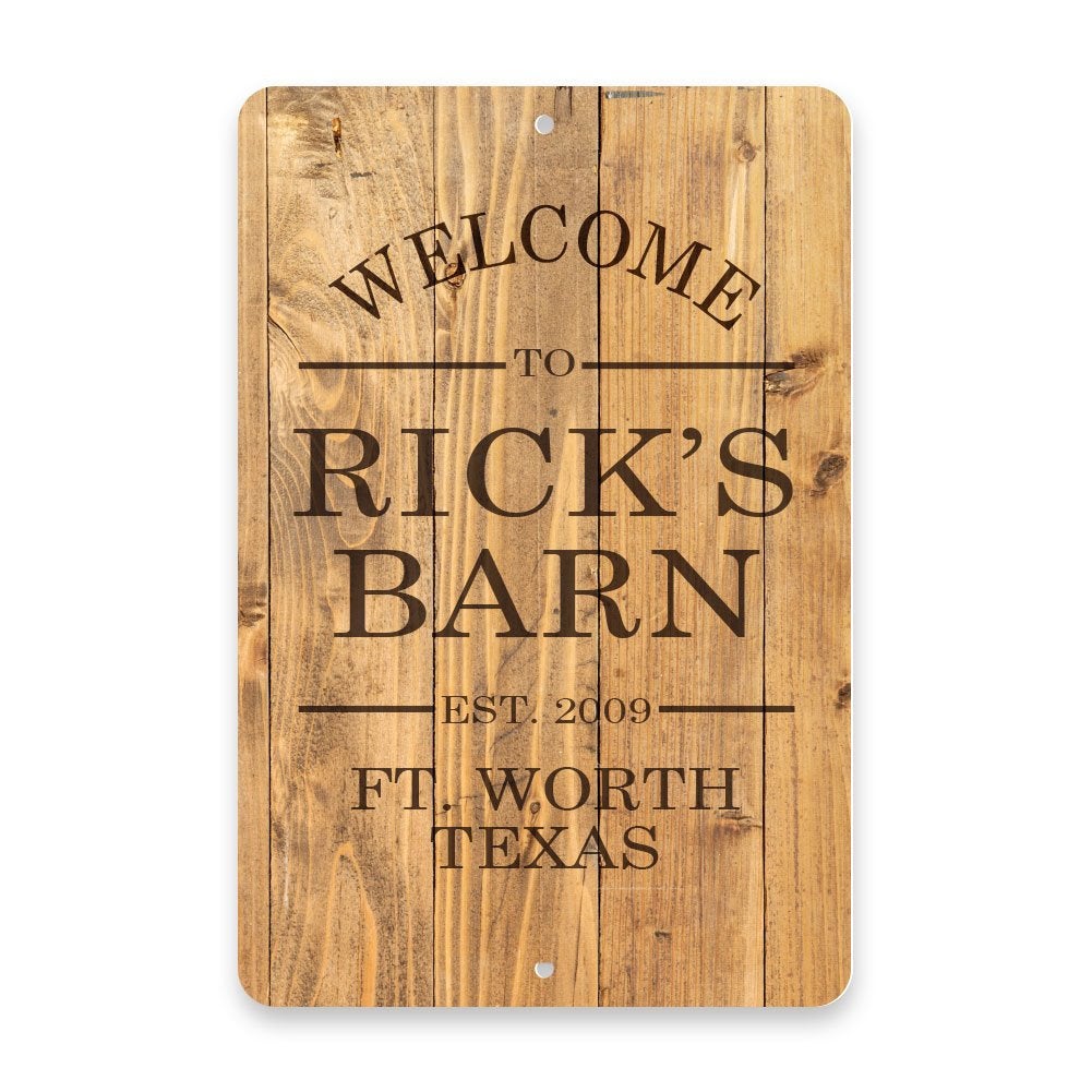 Personalized Rustic Wood Plank Welcome to The Barn Metal Room Sign
