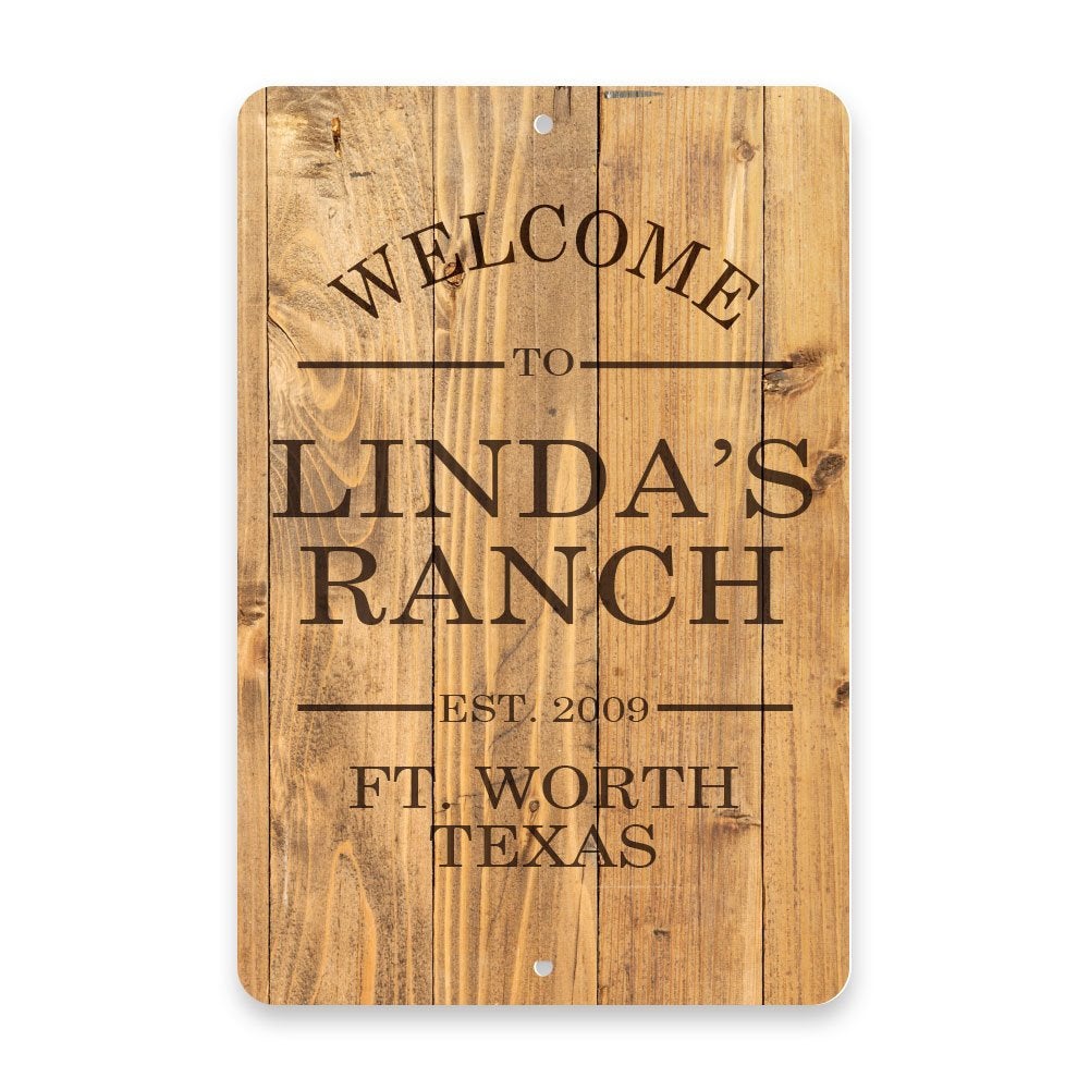 Personalized Rustic Wood Plank Welcome to The Ranch Metal Room Sign