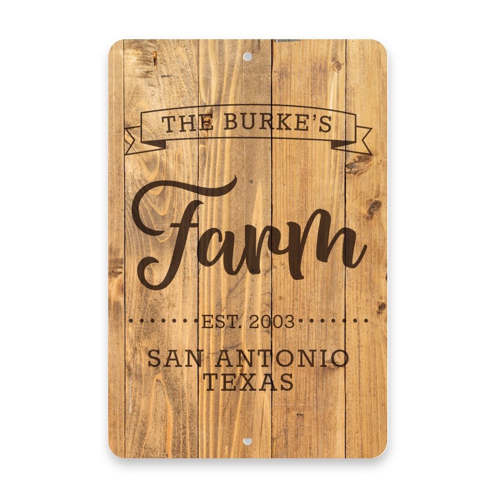 Personalized Rustic Wood Plank Farm with Name in Banner Metal Room Sign