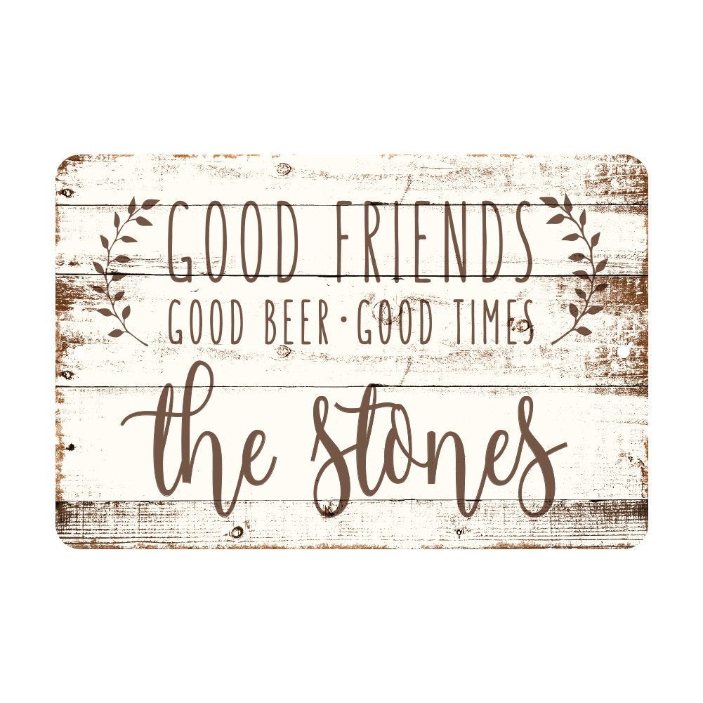 Personalized Good Friends, Good Beer, Good Times Rustic Wood Look Metal Sign