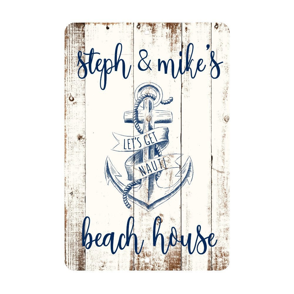 Personalized Let's Get Nauti Beach House Rustic Nautical Look Metal Room Sign