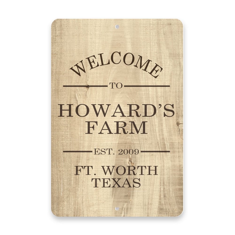 Personalized Subtle Wood Grain Welcome to The Farm Metal Room Sign
