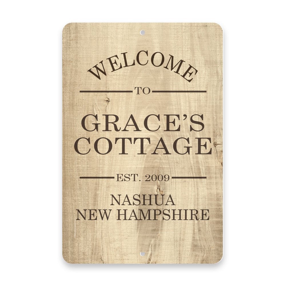 Personalized Subtle Wood Grain-Look Welcome to The Cottage Metal Room Sign