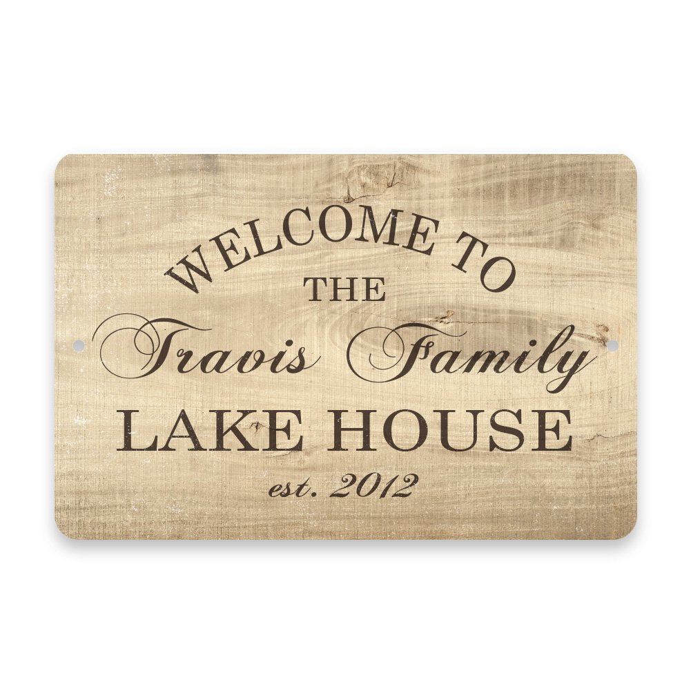 Personalized Subtle Wood Grain Welcome to The Family Lake House Metal Room Sign