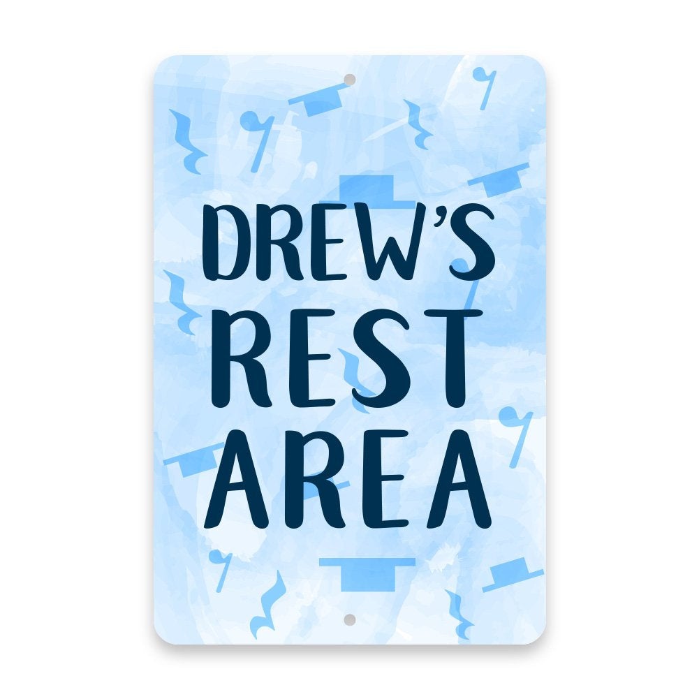 Personalized Music Note Rest Area - Blue Metal Room Sign