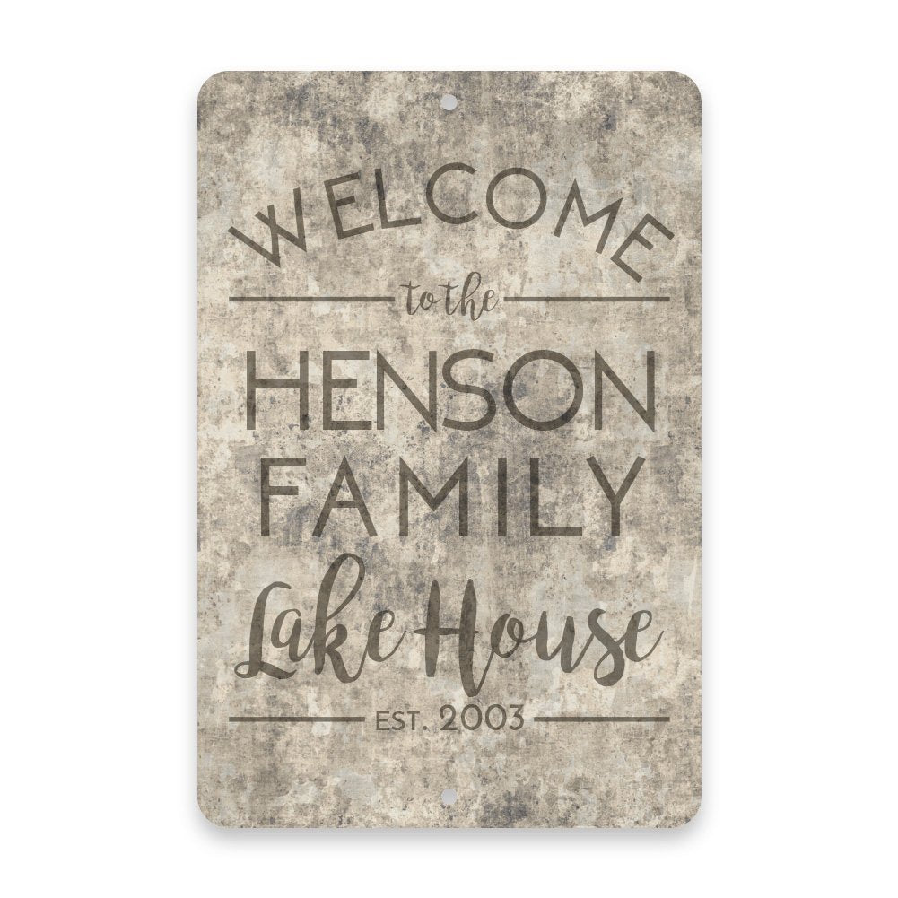 Personalized Concrete Grunge Family Lake House Metal Room Sign
