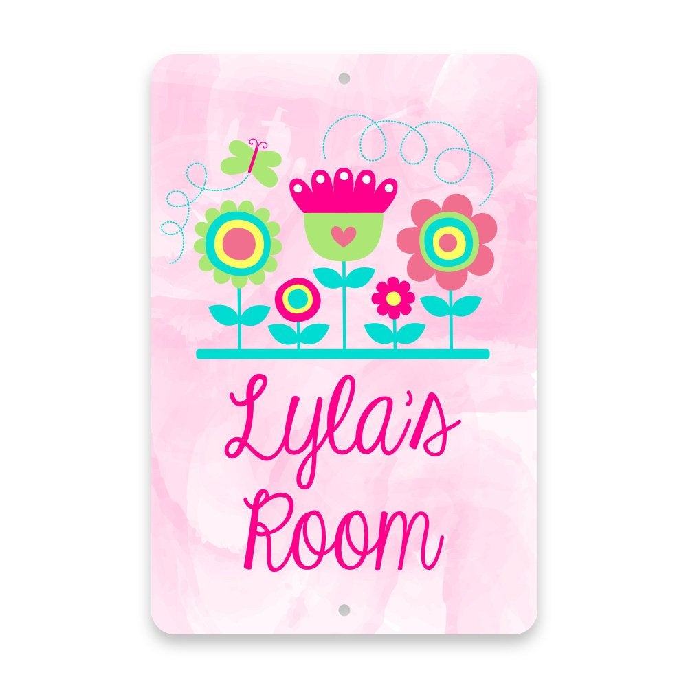 Personalized Pink Flowers Metal Room Sign