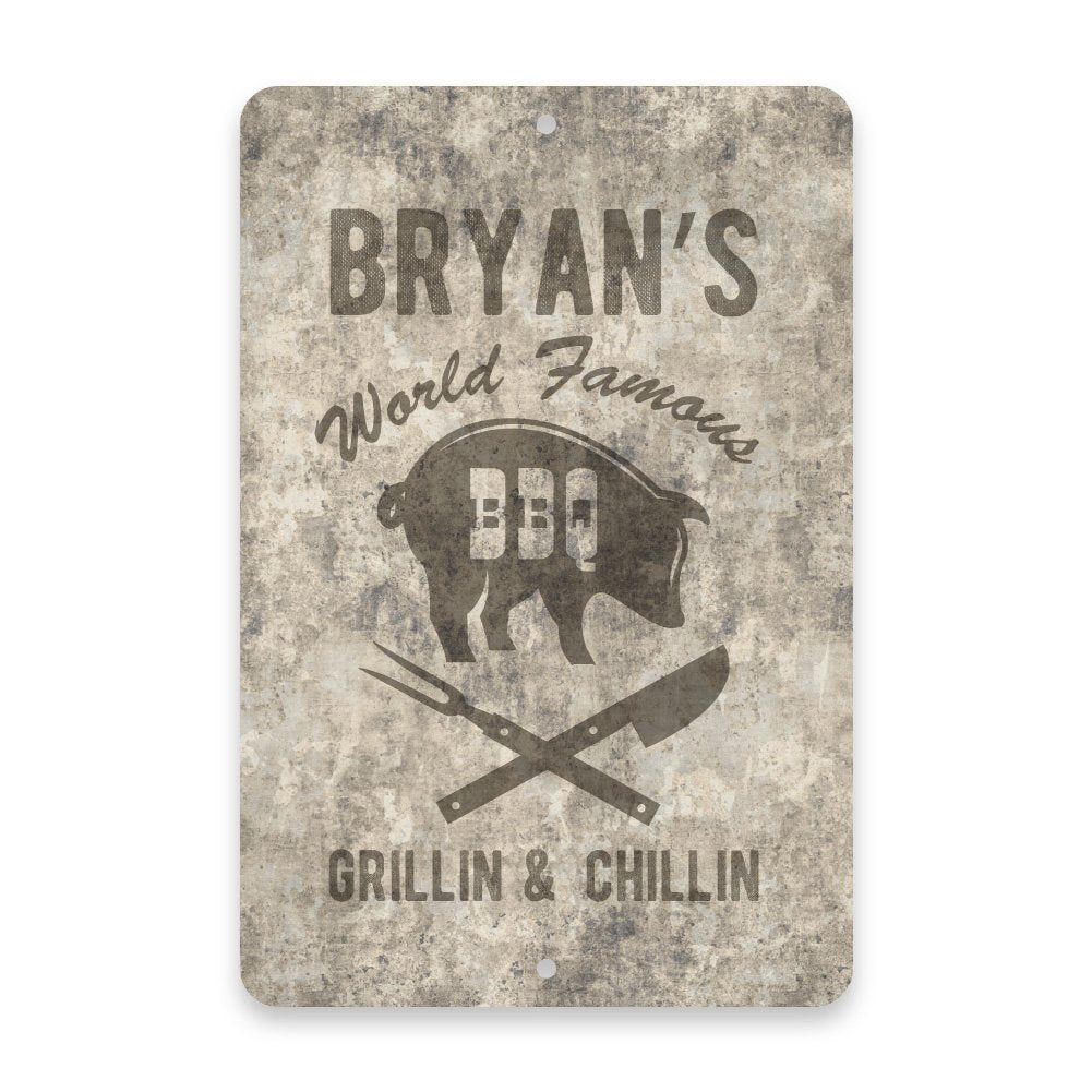 Personalized Concrete Grunge World Famous BBQ Metal Room Sign
