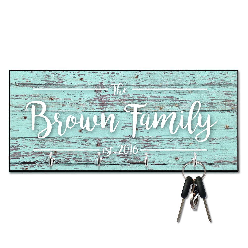 Personalized Mint Rustic Wood Plank Look Family Key Hanger