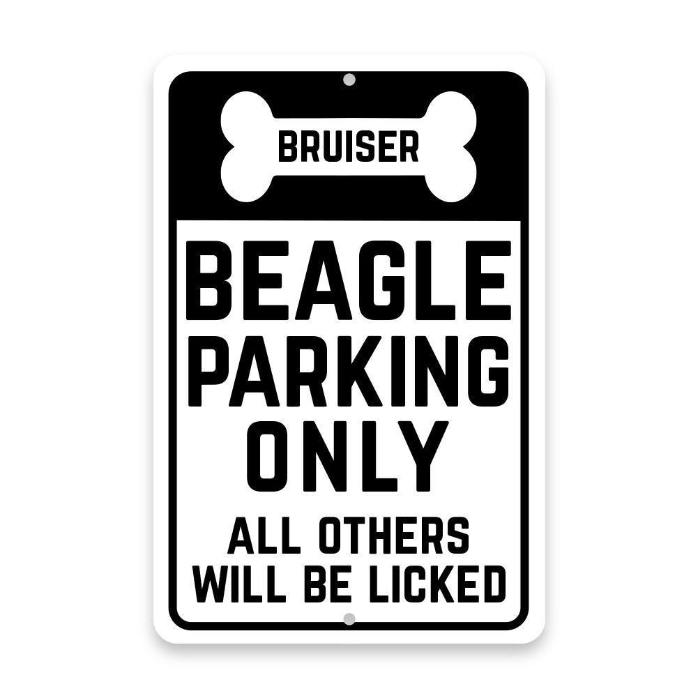 Personalized Beagle Parking Only with Name in Bone Metal Room Sign