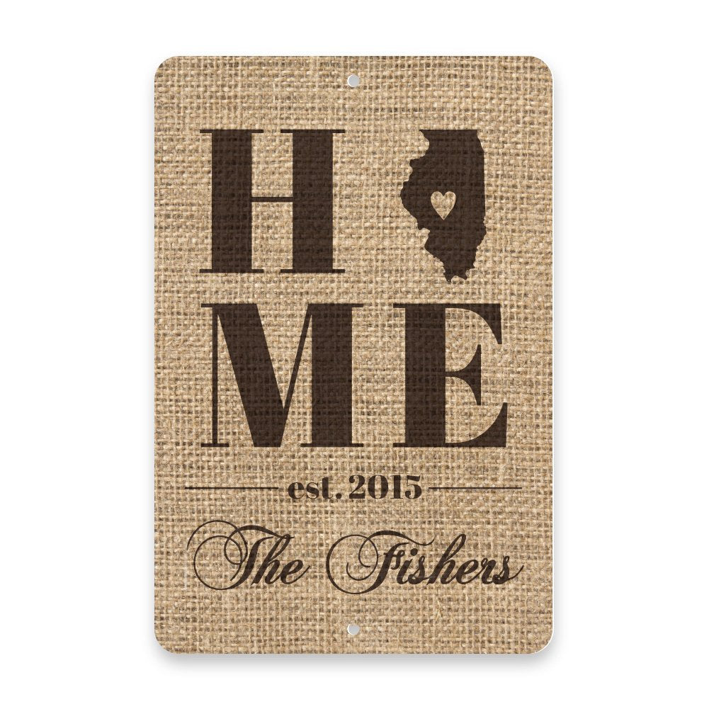 Personalized Burlap Illinois Home with Family Name Metal Room Sign