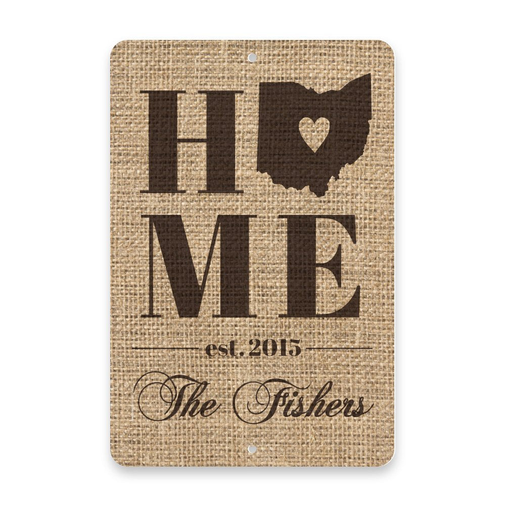 Personalized Burlap Ohio Home with Family Name Metal Room Sign