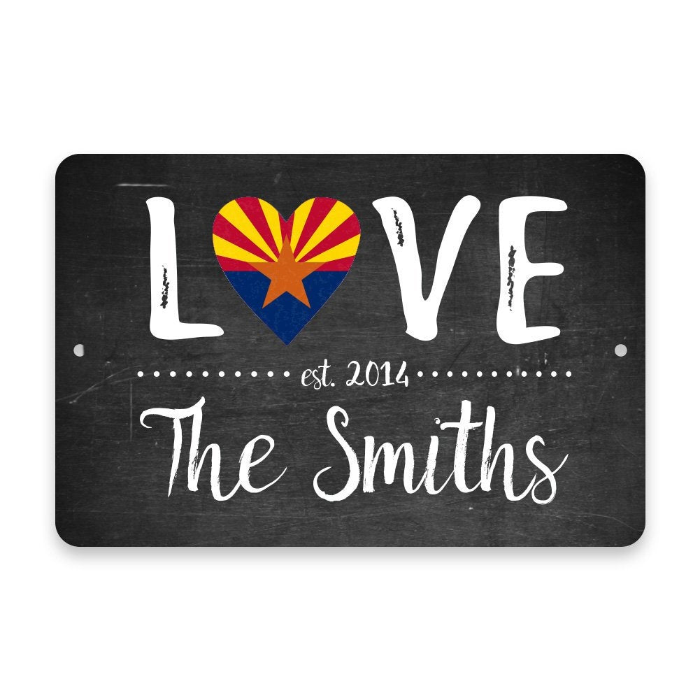 Personalized Chalkboard Arizona Love State Flag Metal Room Sign with Family Name