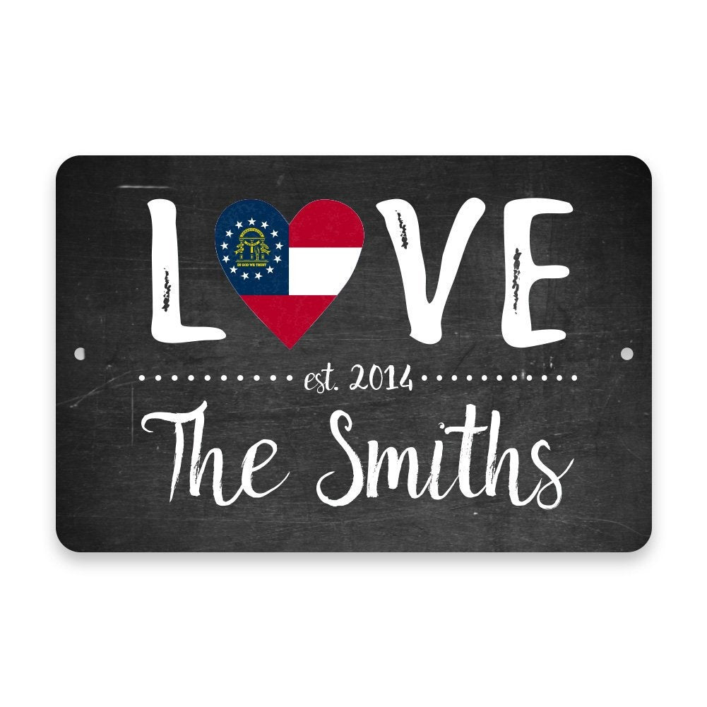 Personalized Chalkboard Georgia Love State Flag Metal Room Sign with Family Name