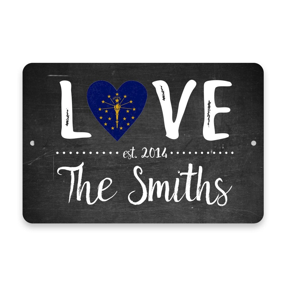 Personalized Chalkboard Indiana Love State Flag Metal Room Sign with Family Name