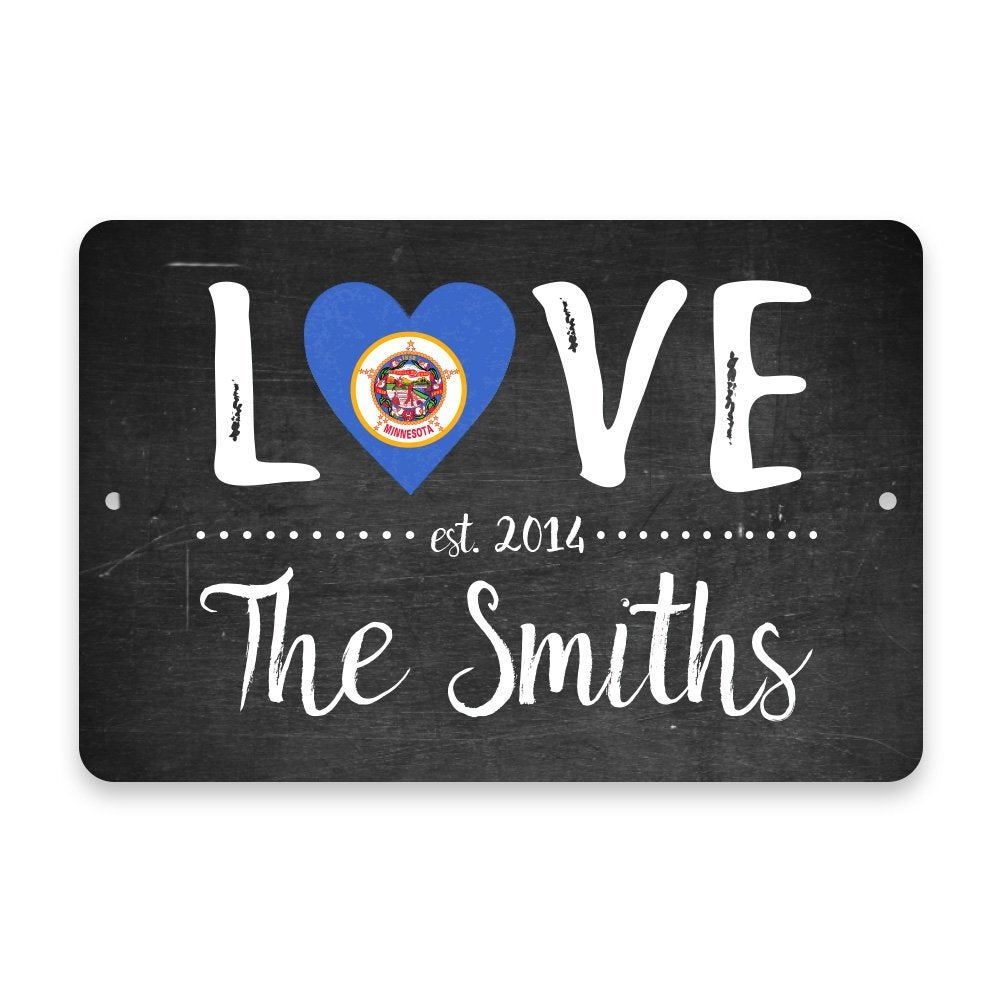 Personalized Chalkboard Minnesota Love State Flag Metal Room Sign with Family Name