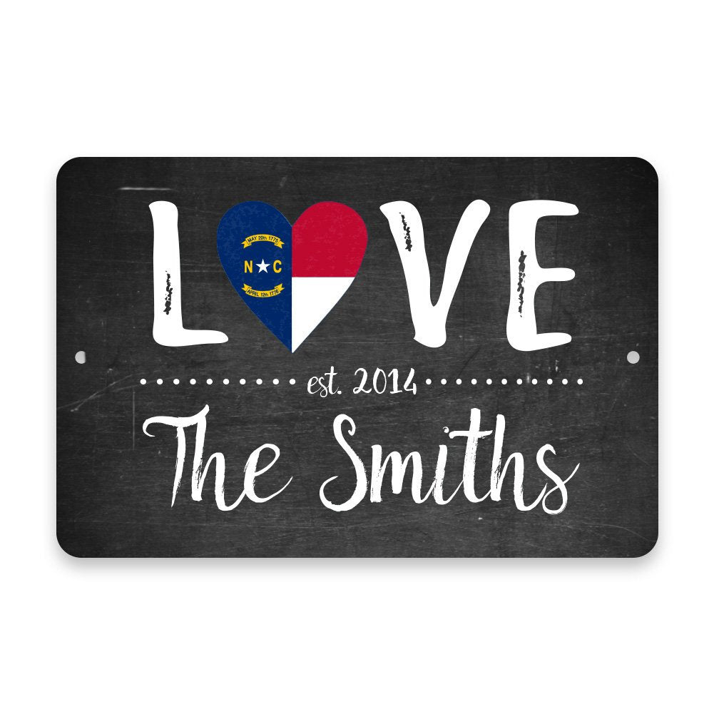 Personalized Chalkboard North Carolina Love State Flag Metal Room Sign with Family Name