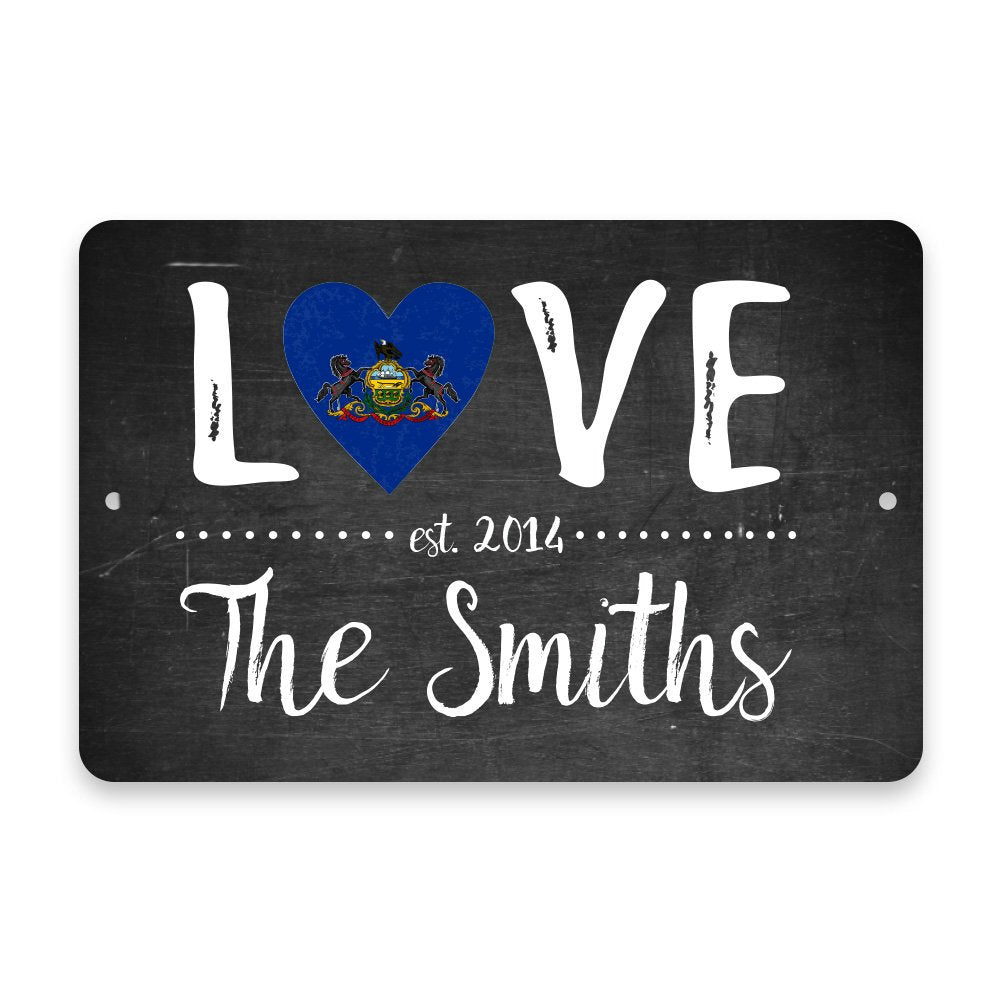 Personalized Chalkboard Pennsylvania Love State Flag Metal Room Sign with Family Name