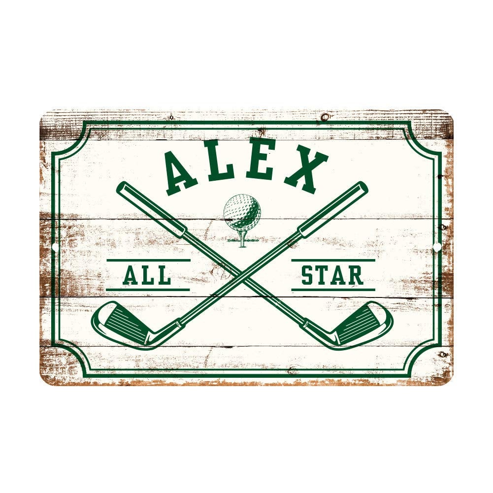 Personalized Golf All Star Metal Wall Decor - Aluminum All Star Golf Sign with Golf Clubs
