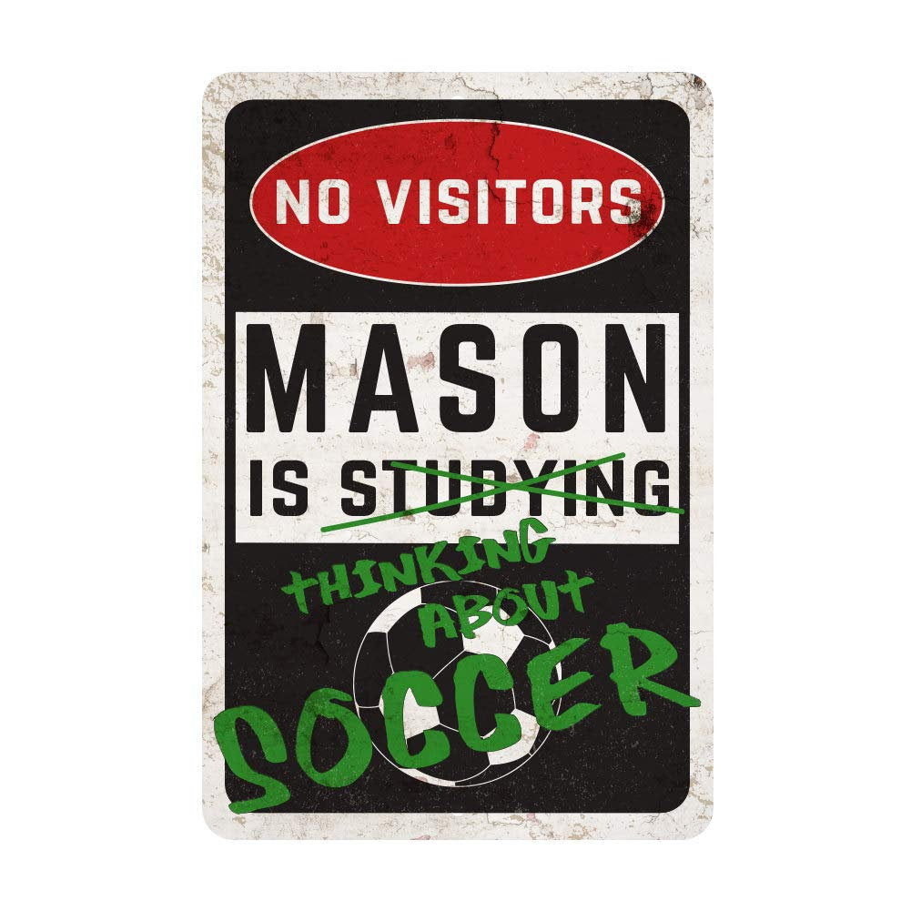 Personalized Soccer Room Sign - No Visitors, Studying, Thinking About Soccer Wall Decor Metal Door Sign