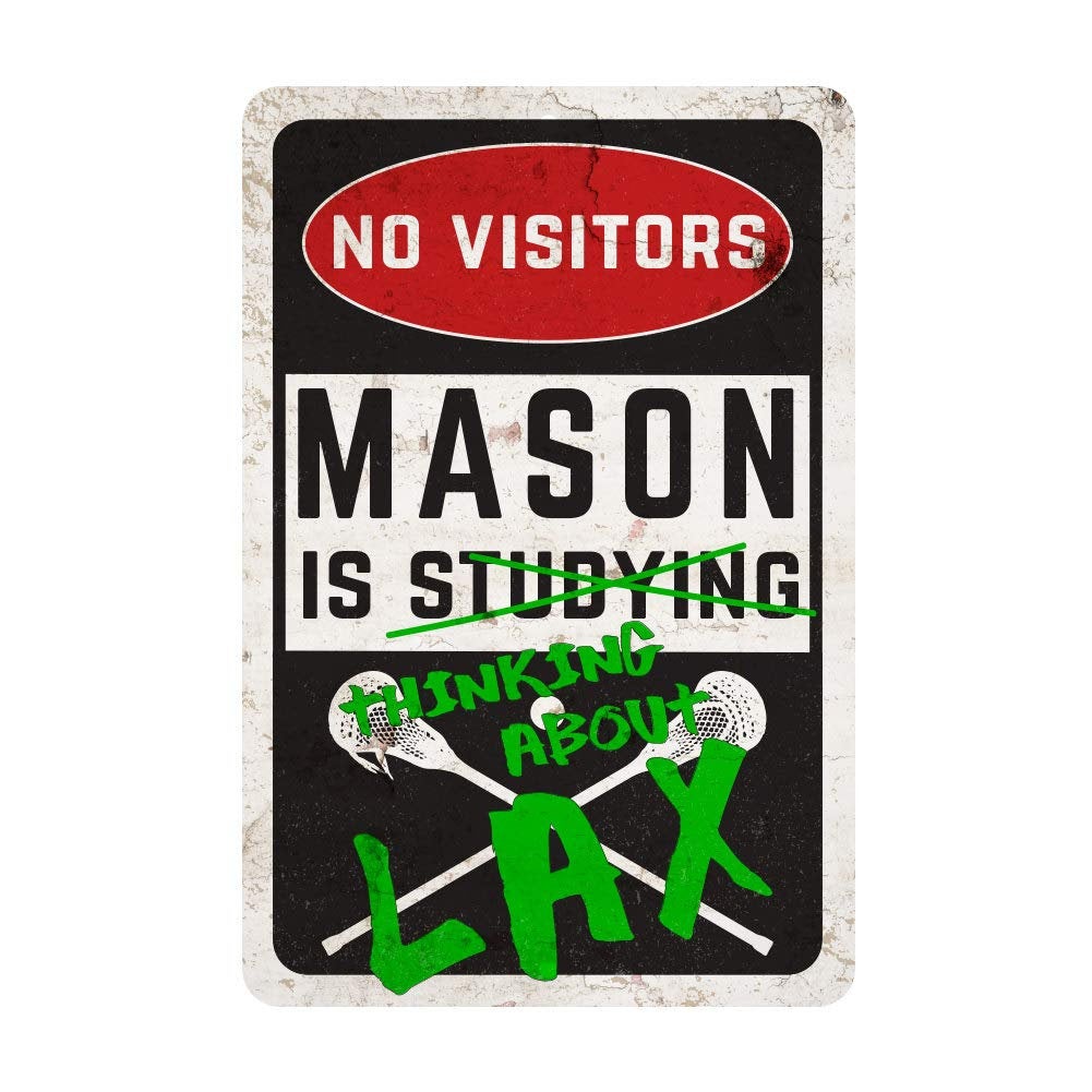 Personalized Boy's Lacrosse Room Sign - No Visitors, Studying, Thinking About Lacrosse Wall Decor Metal Door Sign
