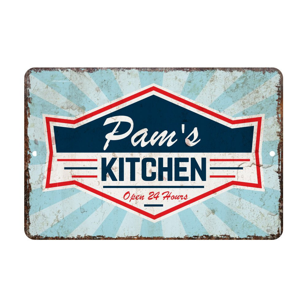 Personalized Vintage Kitchen Open 24 Hours Metal Room Sign