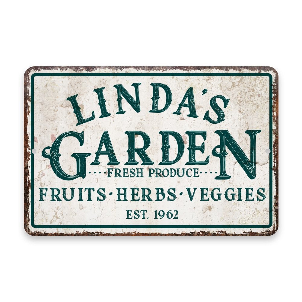 Personalized Vintage Distressed Look Fruit, Herbs and Veggie Garden Metal Room Sign