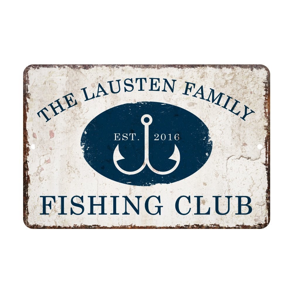 Personalized Vintage Distressed Look Fishing Club Metal Room Sign