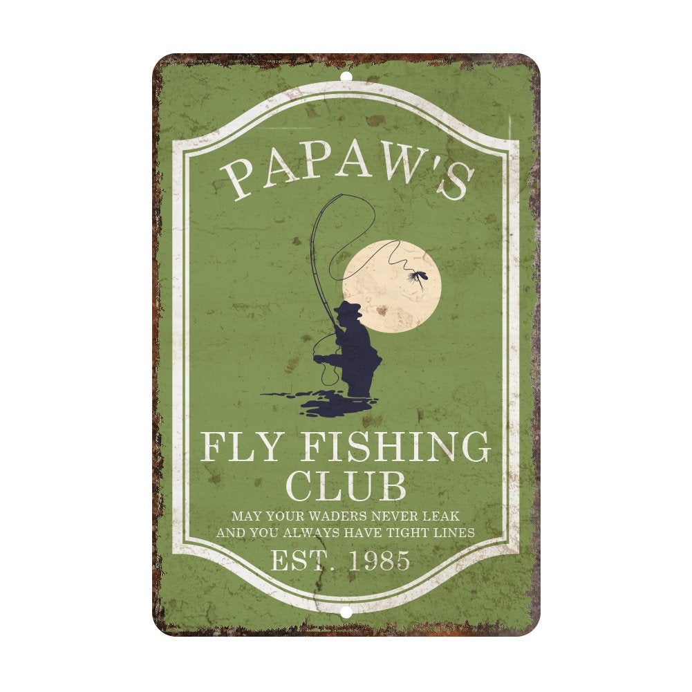Personalized Vintage Distressed Look Green Fly Fishing Club Metal Room Sign