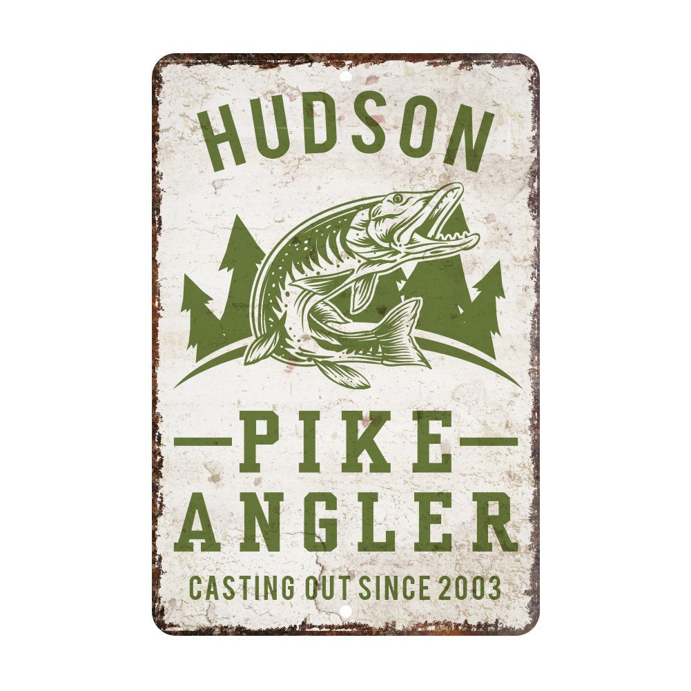 Personalized Vintage Distressed Look Pike Angler Metal Room Sign