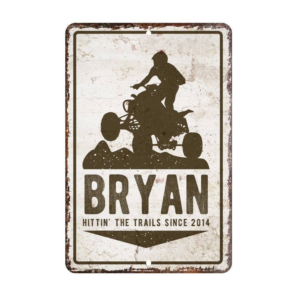 Personalized Vintage Distressed Look Four Wheeler Metal Room Sign