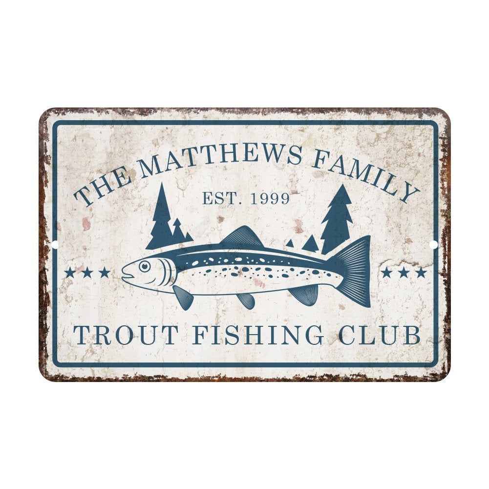 Personalized Vintage Distressed Look Trout Fishing Club Metal Room Sign