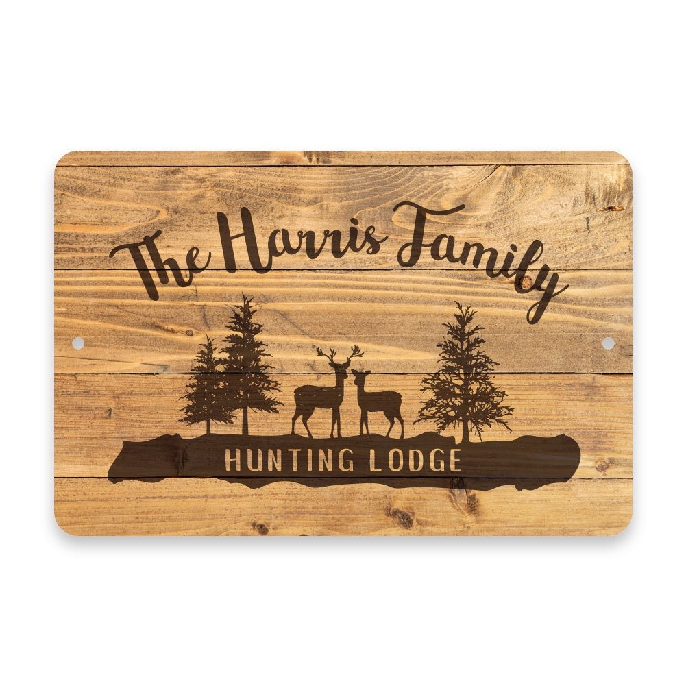Personalized Rustic Wood Plank Hunting Lodge Metal Room Sign