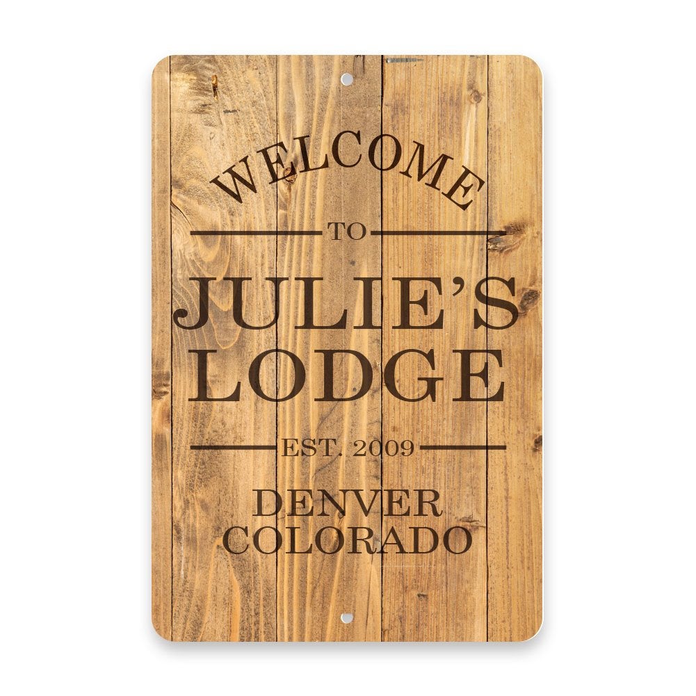 Personalized Rustic Wood Plank Welcome to The Lodge Metal Room Sign