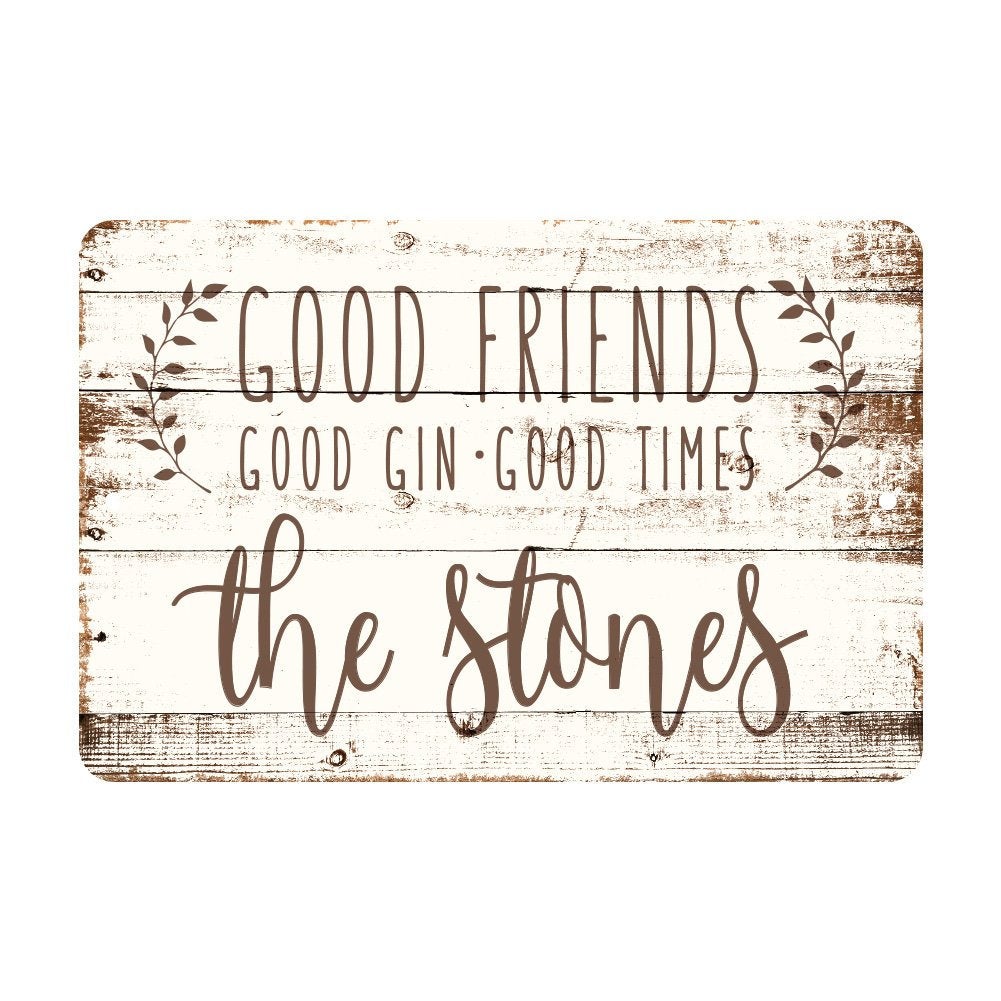 Personalized Good Friends, Good Gin, Good Times Rustic Wood Look Metal Sign