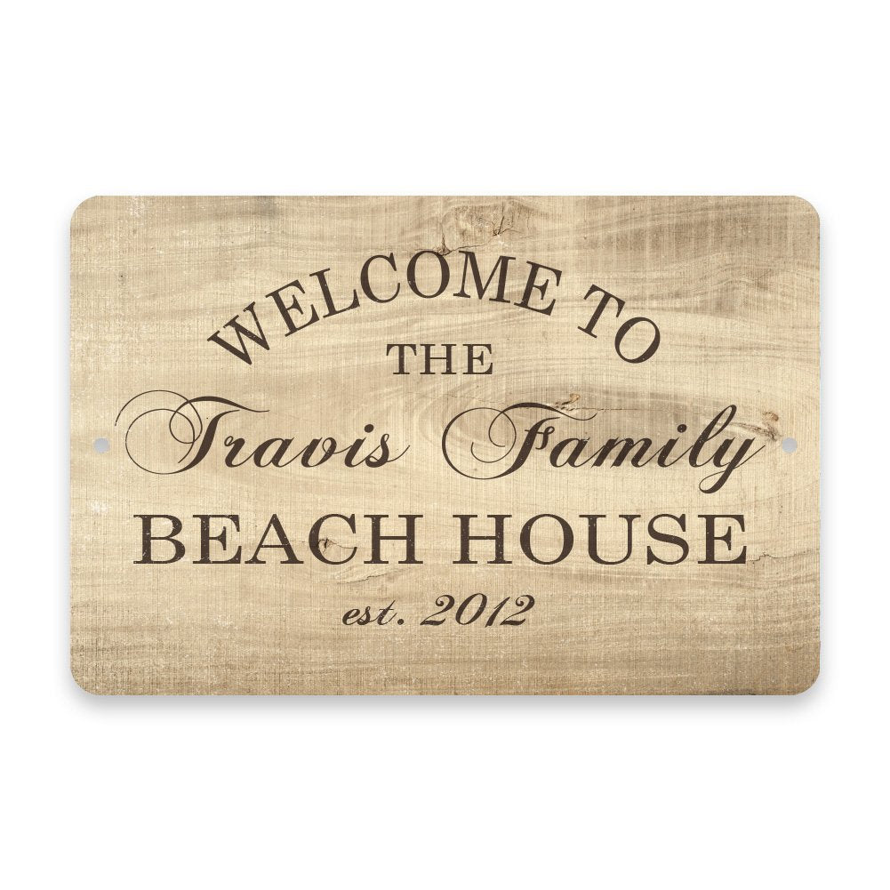 Personalized Subtle Wood Grain Welcome to The Family Beach House Metal Room Sign